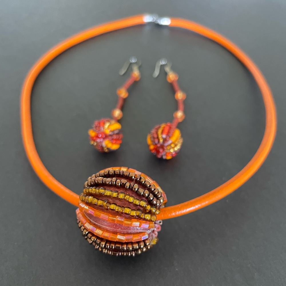 Wood and Glass Beaded Necklace & Earring South African - Stunning